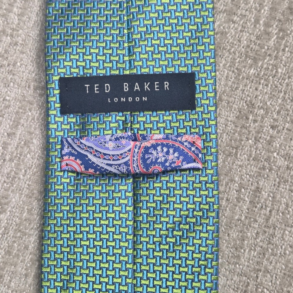 Ted Baker London Mens Silk Jacquard Tie Blue Green Geometric Basketweave Pattern - Picture 3 of 5
